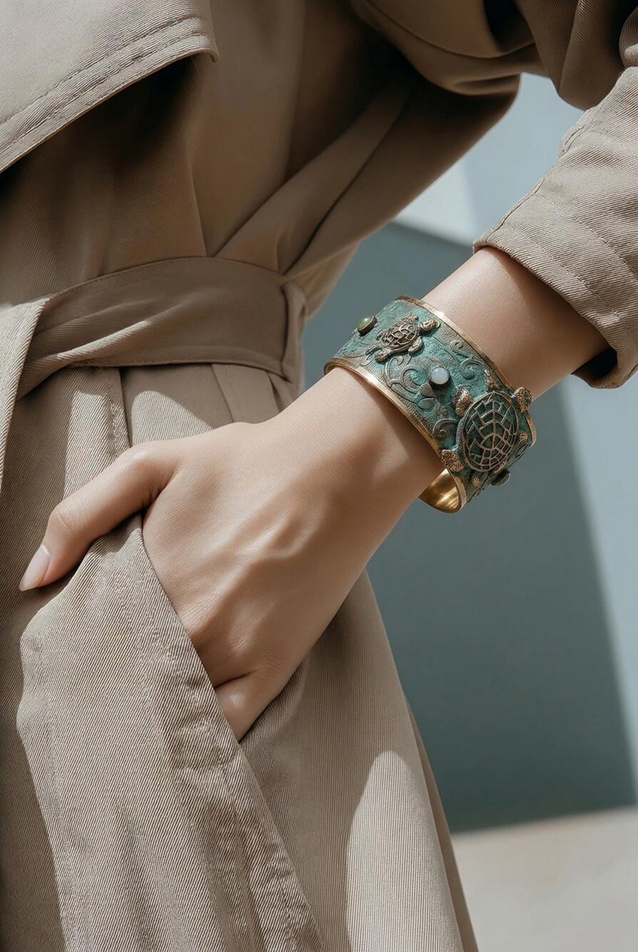 Elaine Coyne Verdigris Patina Brass Turtle Cuff Bracelet